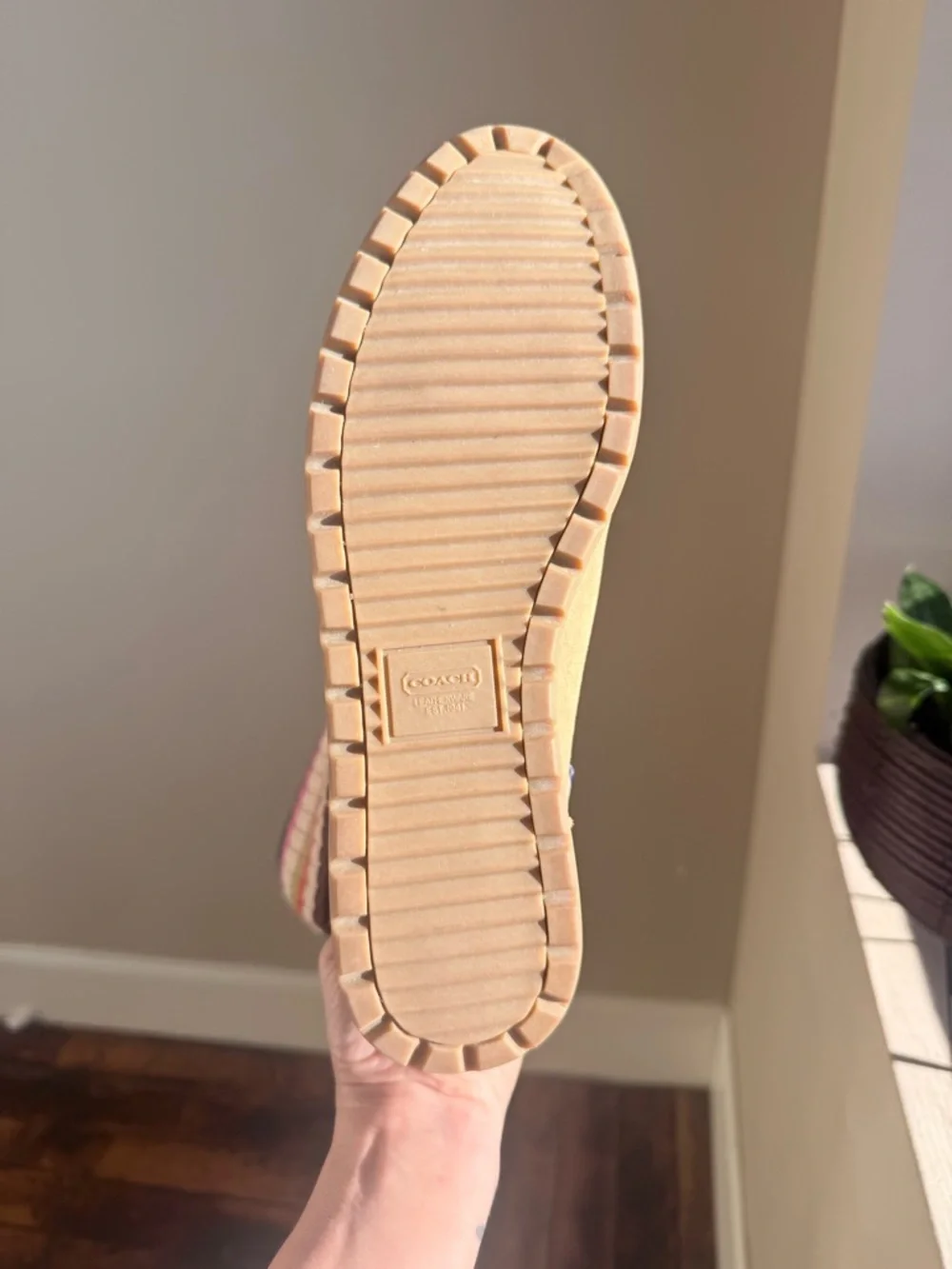 Coach Tan Suede Boot with Multicolor Striped Knit Cuff - Picture 4 of 4